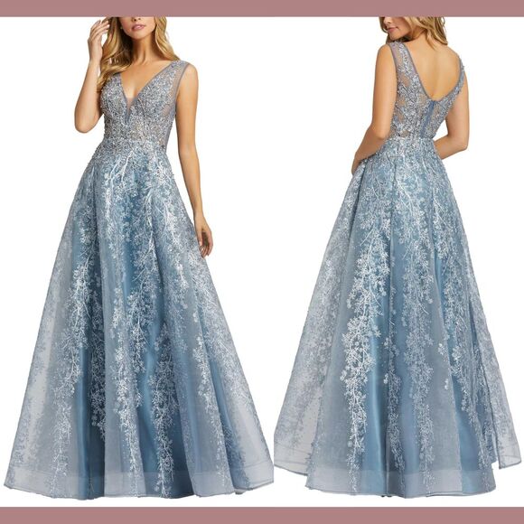 NWT$798 Mac Duggal [ 6 ] Illusion Embellished V Neck A Line Gown Fusion Blue J56